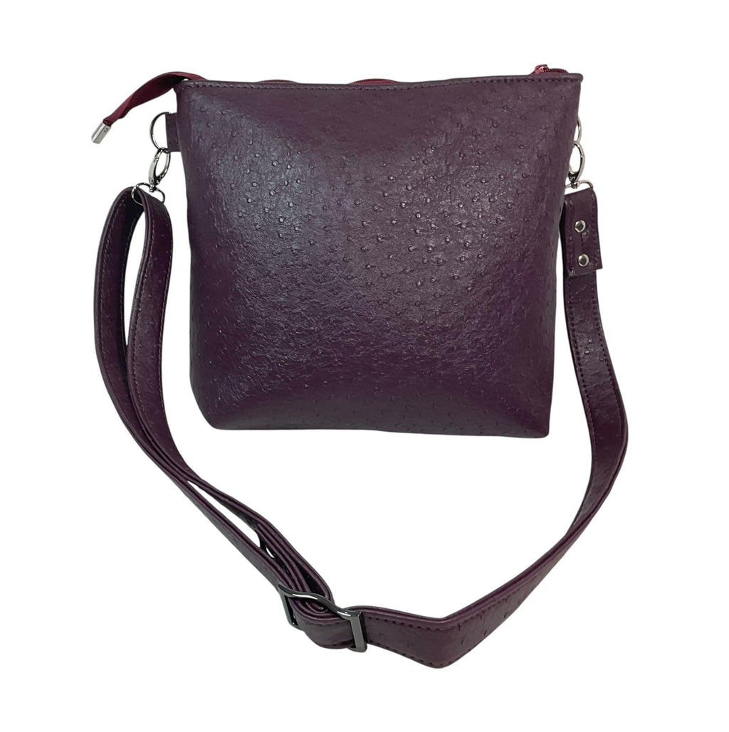 Handbag in faux Leather and floral bramble fabric, raspberry and blackberry fuit medium sized zip top shoulder crossbody