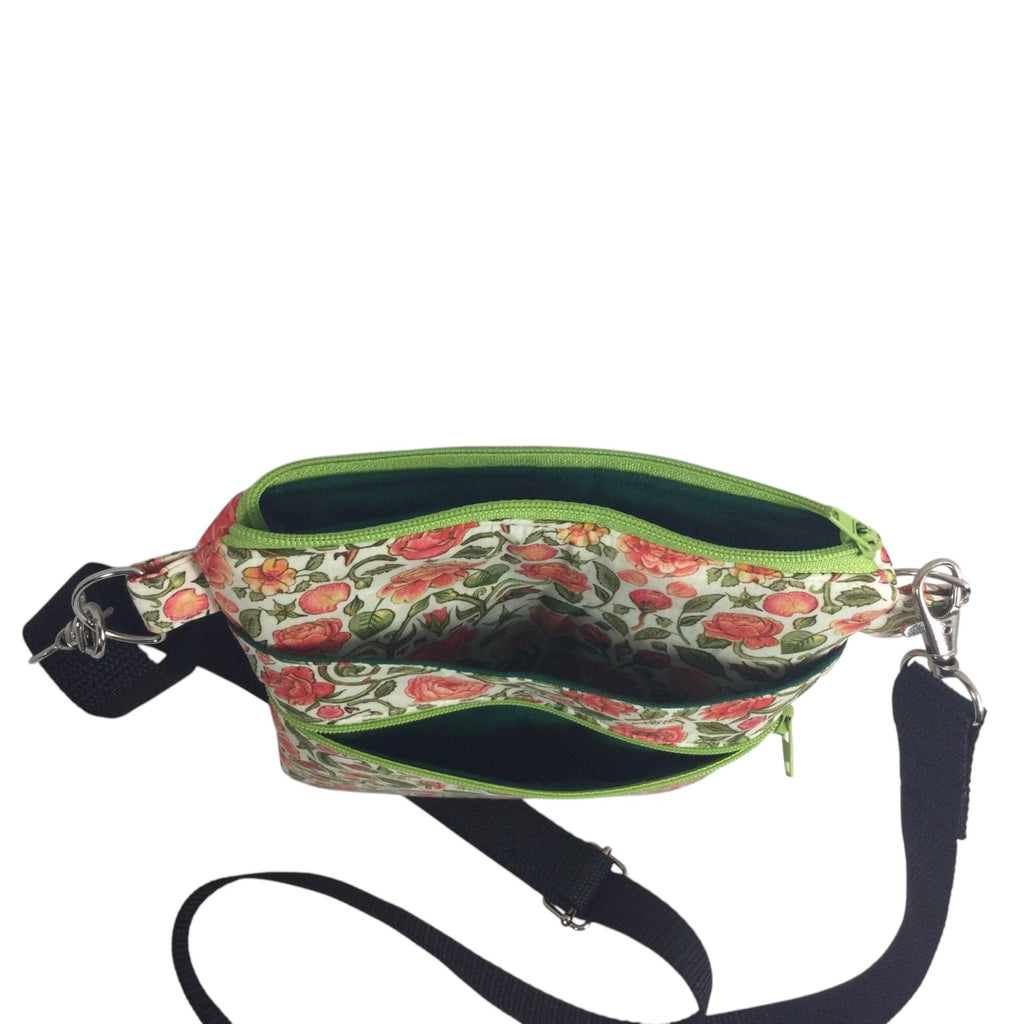 Liberty fabric slim phone shoulder bag with multi pockets, teen messenger style floral phone pouch, mini clutch bag, clubbing festival bag,