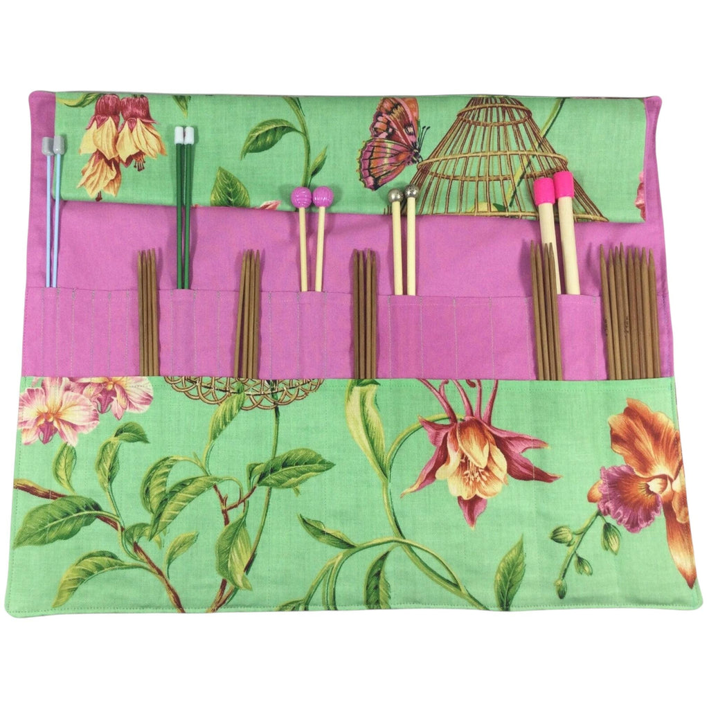 Straight and double pointed knitting needle case with floral birds, needle pouch, needle storage, long needles wallet, sock needle
