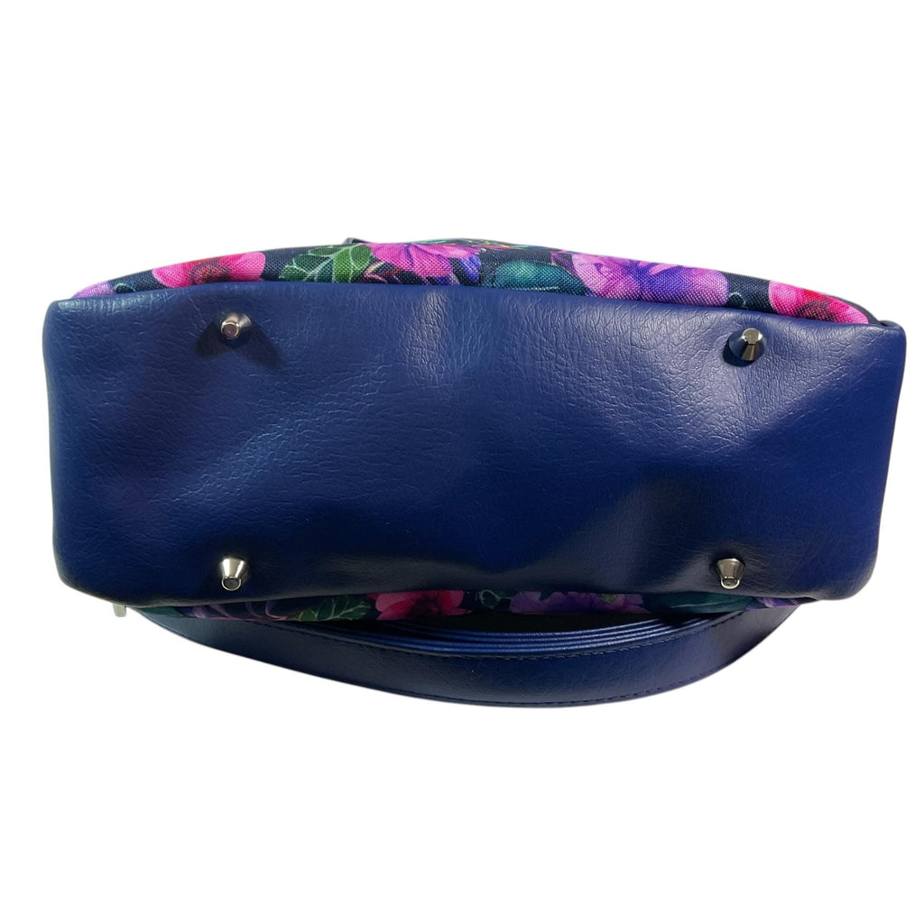 Handbag in faux leather and purple  floral print, vegan ladies gift, handles and crossbody strap bag, rectangular shoulder zip tote