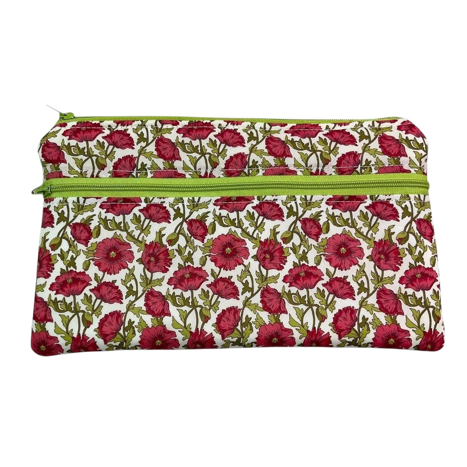 Liberty fabric two pocket pouch, double pocket cosmetics case, 2 section pencil storage,  floral water resistant ladies gift, girls privacy