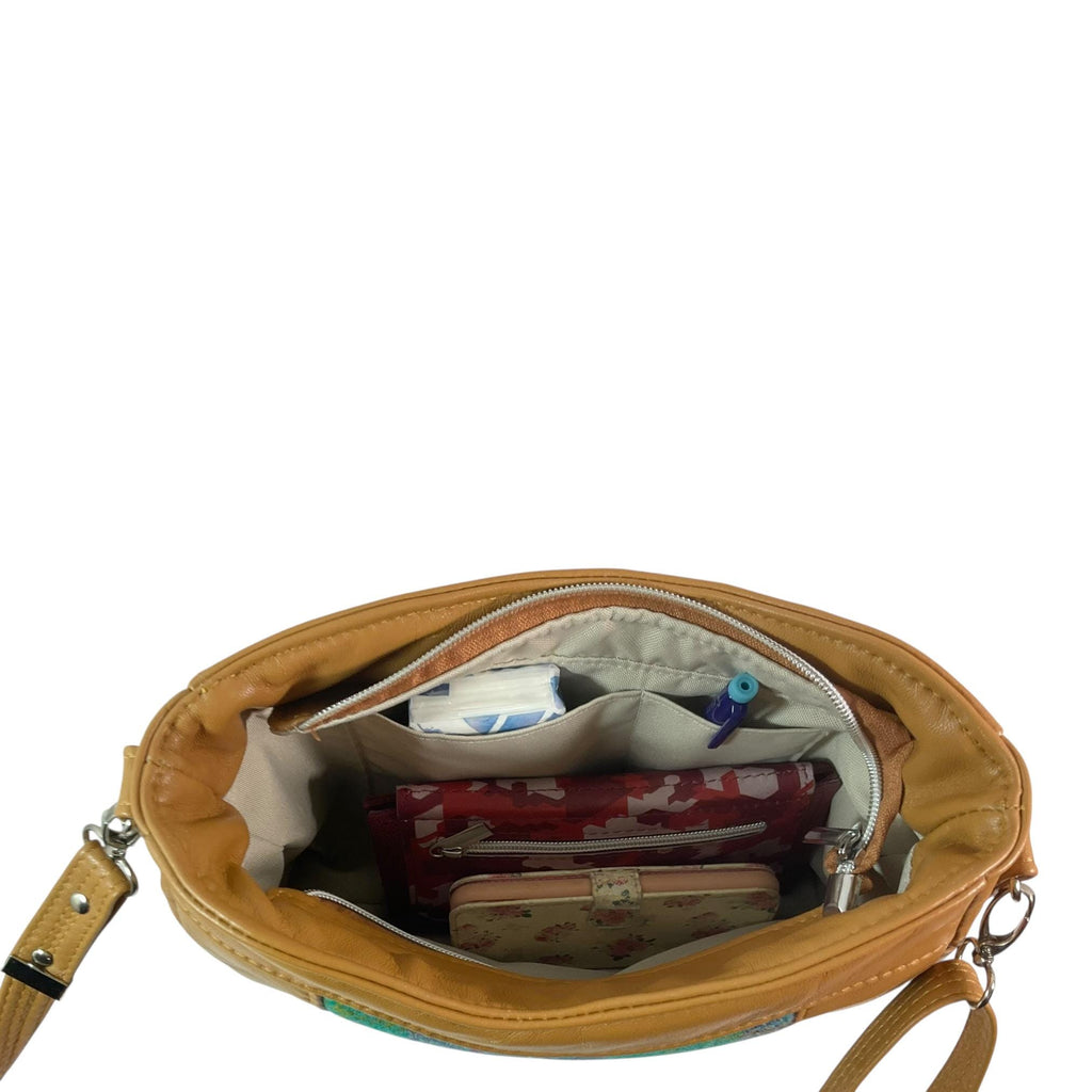 Handbag in genuine leather and Harris tweed tartan print pure wool, green and purple check medium sized zip top shoulder bag