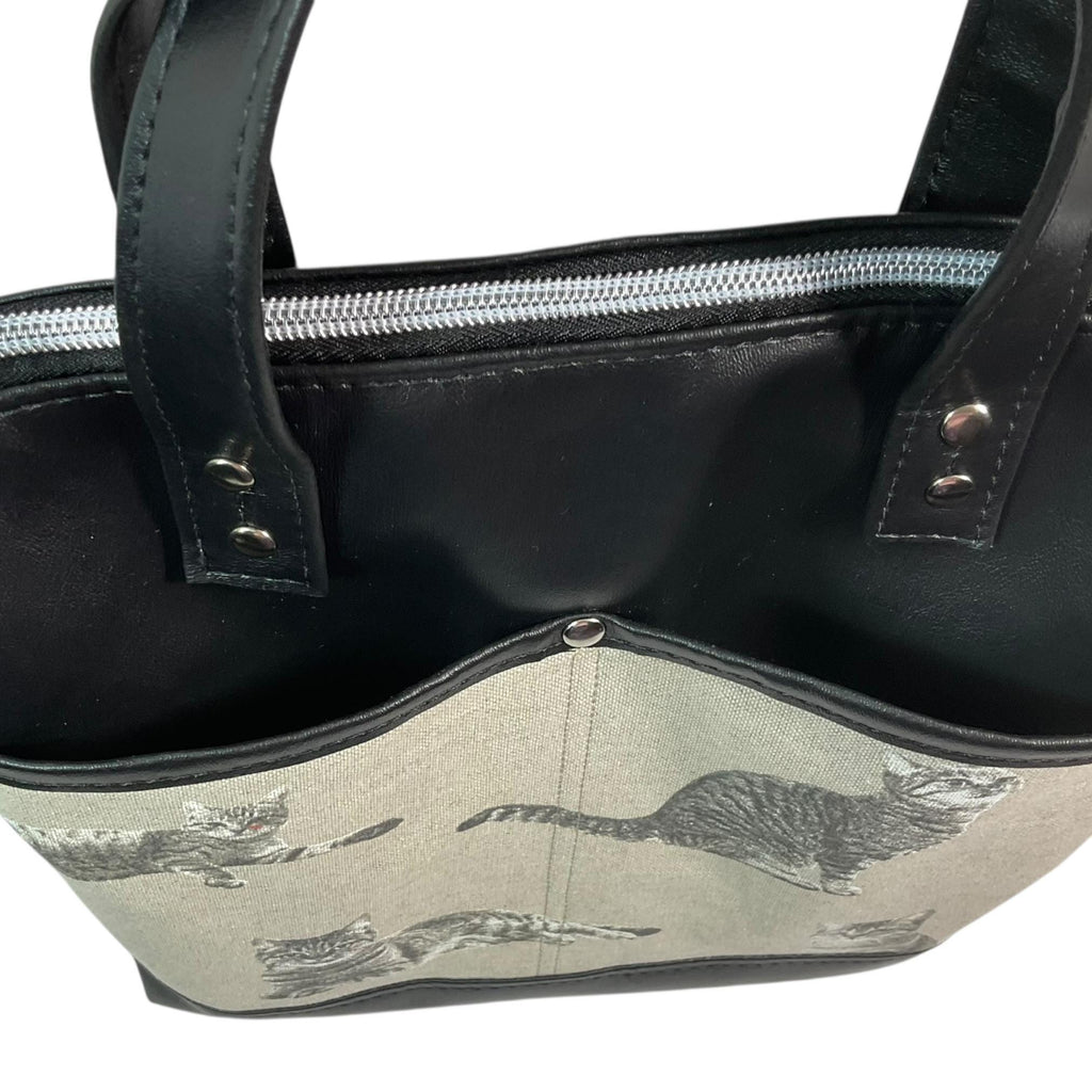 Handbag in faux Leather and monochrome tabby cat print  fabric, medium tote style zip top shoulder crossbody with carry handles