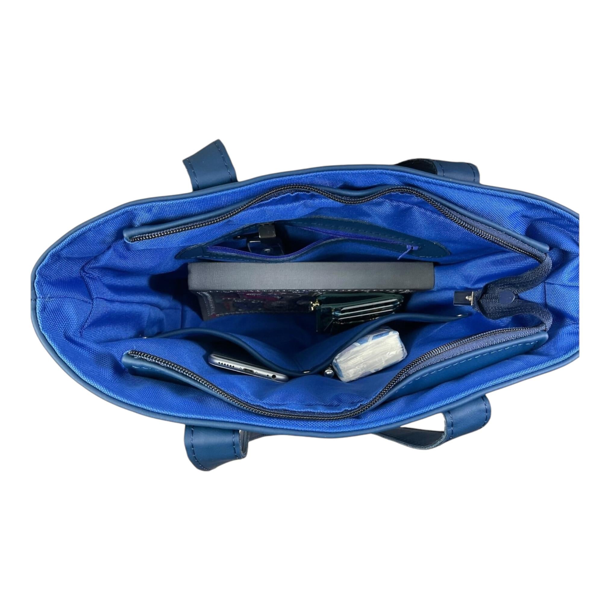 Tote bag made of genuine leather, medium sized deep blue shoulder bag