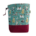 Knitting and crochet bag, Two at a time project bag with cat print, drawstring divided sock sack, yarn work in progress pouch, craft gift