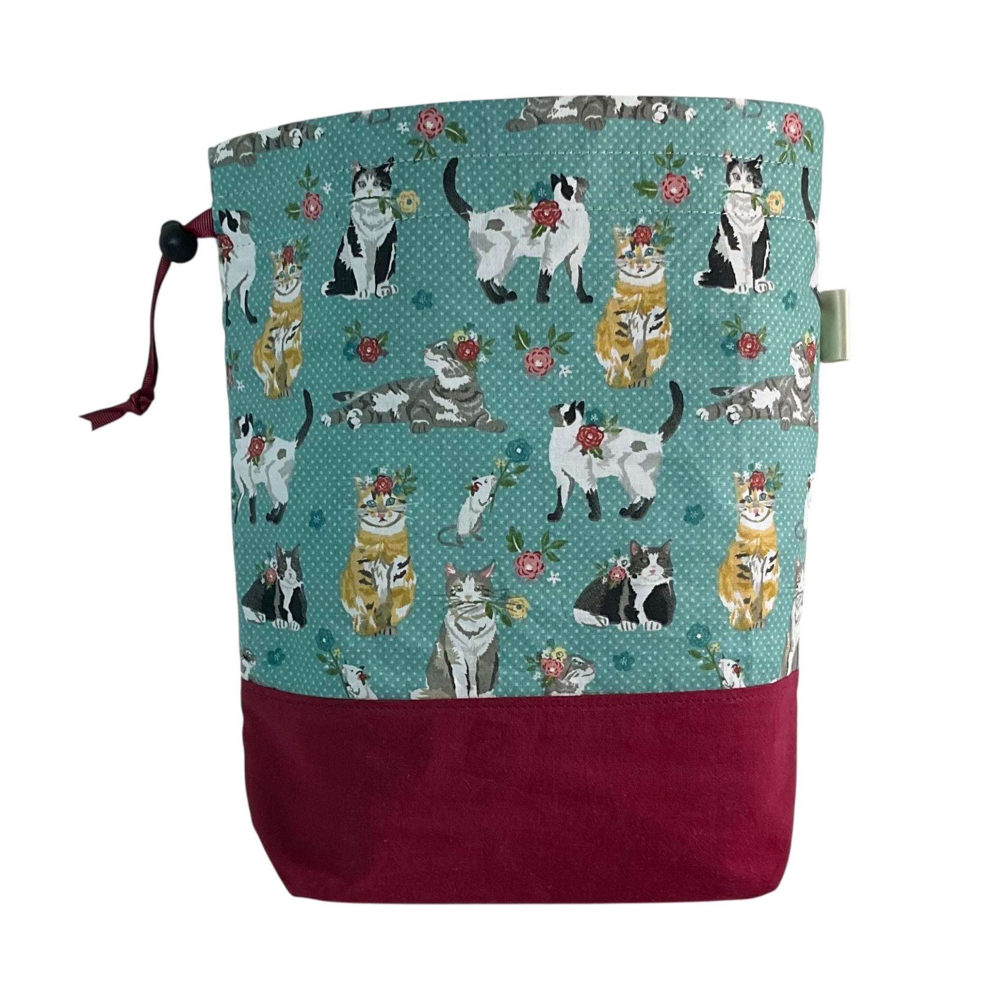 Knitting and crochet bag, Two at a time project bag with cat print, drawstring divided sock sack, yarn work in progress pouch, craft gift