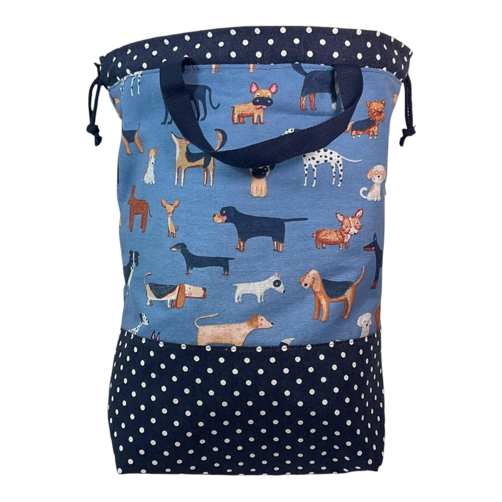 XXL  drawstring knitting bag with Dog breeds print, supersized multi pockets project bag with handles , dog lover gift