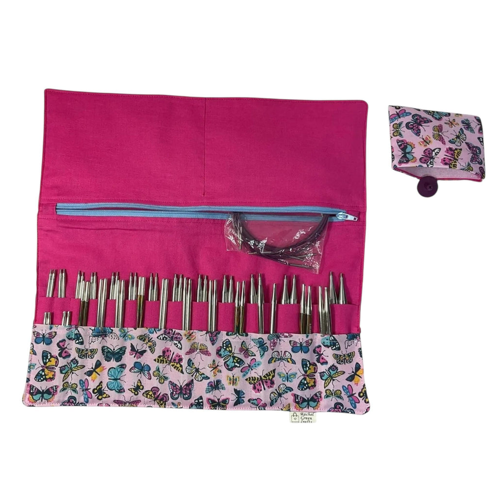 Interchangeable knitting needle case with Liberty fabric , butterfly addi case, chiagoo wallet, knit pro organiser pouch, hiya hiya case,