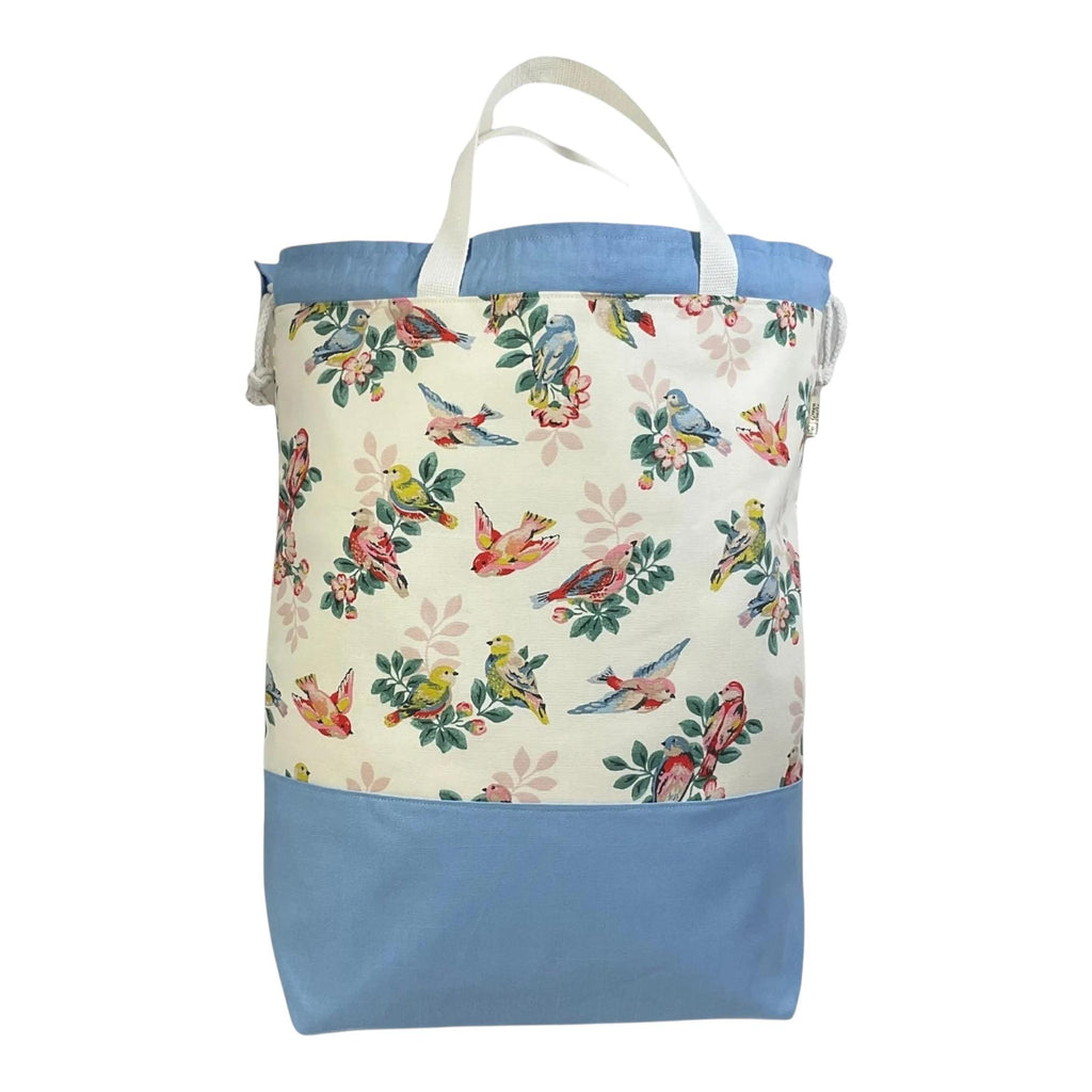XXL  drawstring knitting bag with birds and  floral print, supersized multi pockets project bag with handles, ladies  gift