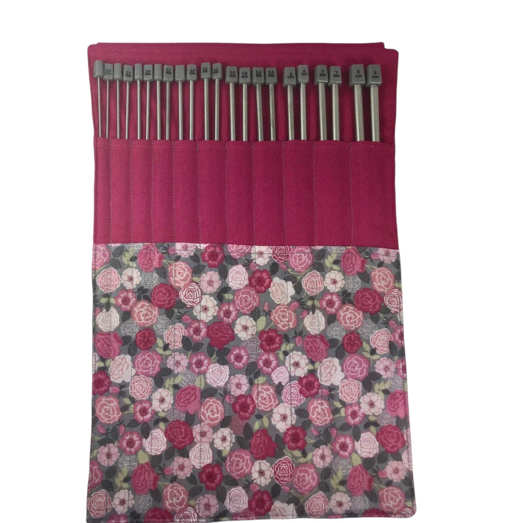 Full set of metal knitting needles in a case with pink floral rose print, straight needles in roll up pouch, gift for knitters