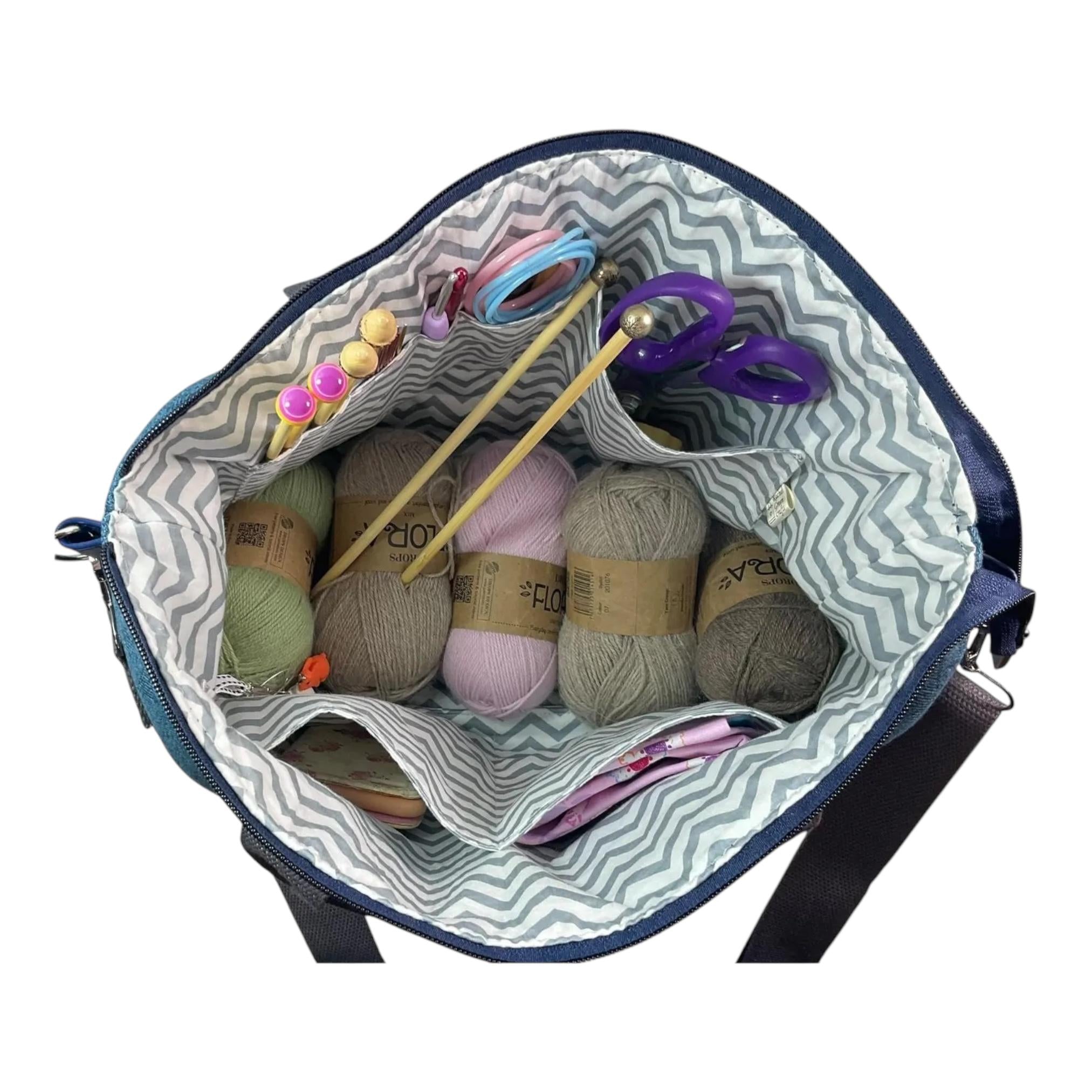 Knitting and crochet tote bag with zip top, large sheep organiser crossbody bag