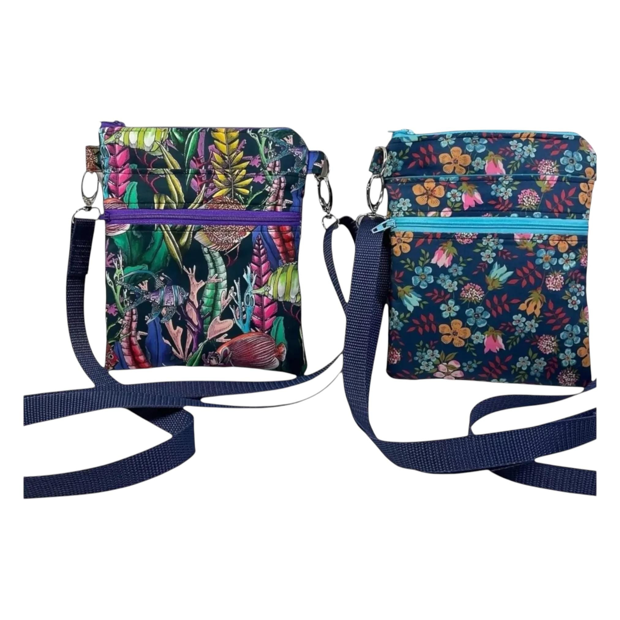 Liberty fabric slim phone shoulder bag with multi pockets, teen messenger floral phone pouch, fish mini clutch bag, clubbing festival bag,
