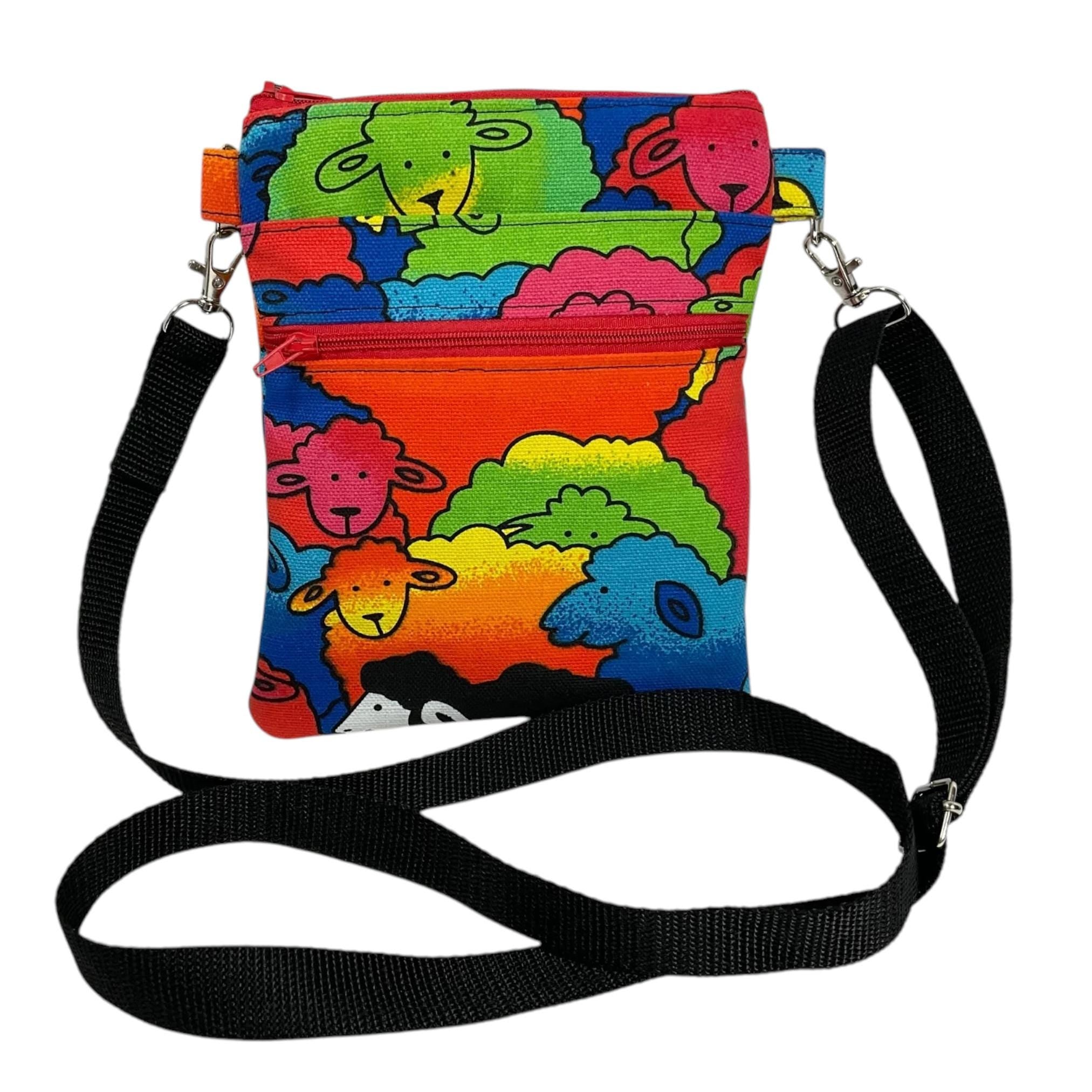 Colourful sheep print slim phone shoulder bag with multi pockets, teenager messenger sugar skull , mini clutch bag, clubbing festival bag