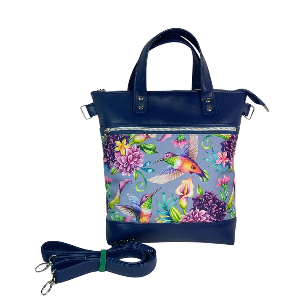 Handbag in faux Leather and floral hummingbird print  fabric, medium tote style zip top shoulder crossbody with carry handles
