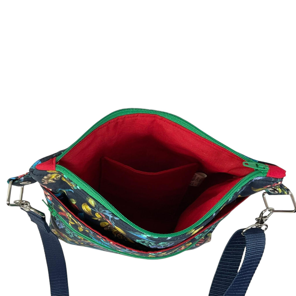 Liberty fabric slim shoulder bag with multi pockets, messenger style paisley  floral phone purse