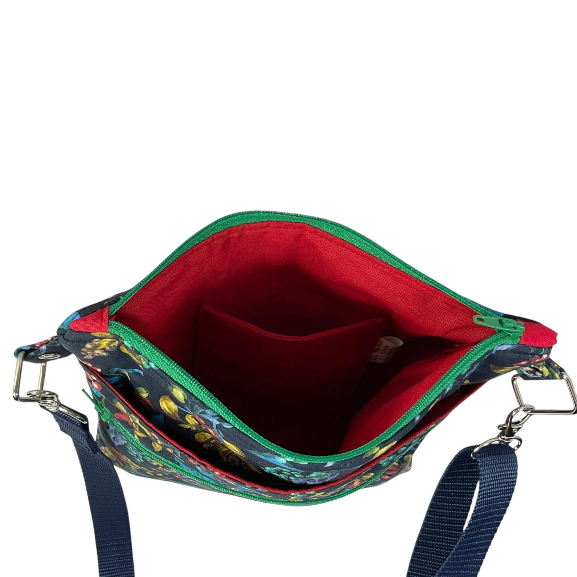Liberty fabric slim shoulder bag with multi pockets, messenger style paisley  floral phone purse