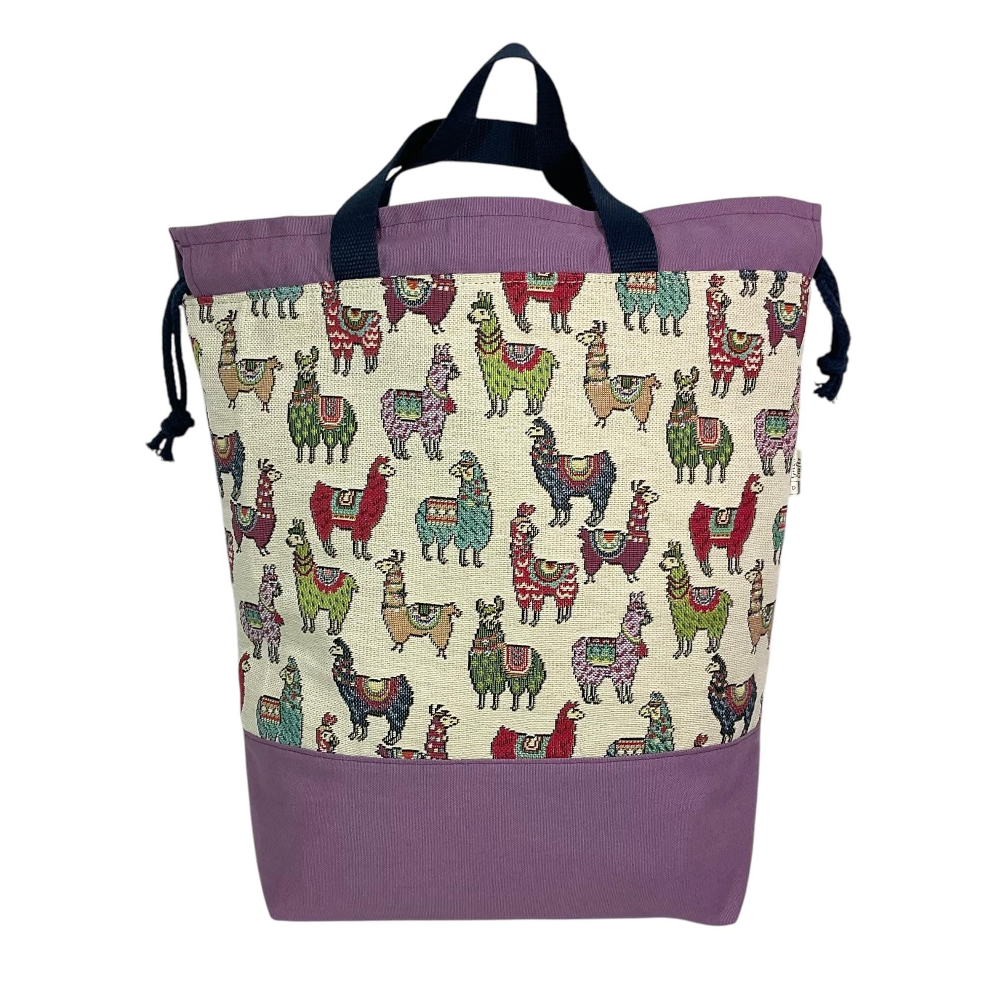Extra Large canvas drawstring knitting bag with llamas print, multi pockets project bag with handles