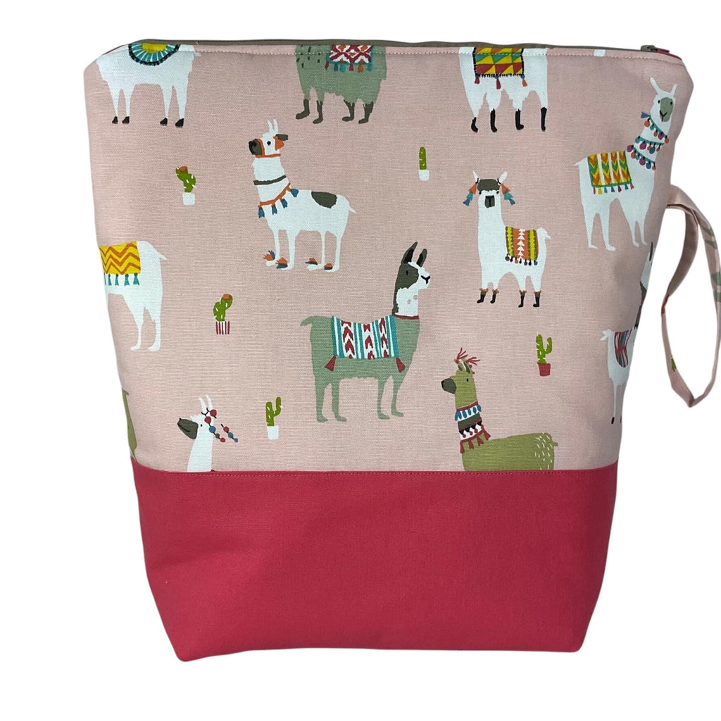 Extra Large knitting zipped pouch bag with llamas, supersized knitters alpaca zipped project and craft tote, alpaca lovers gift