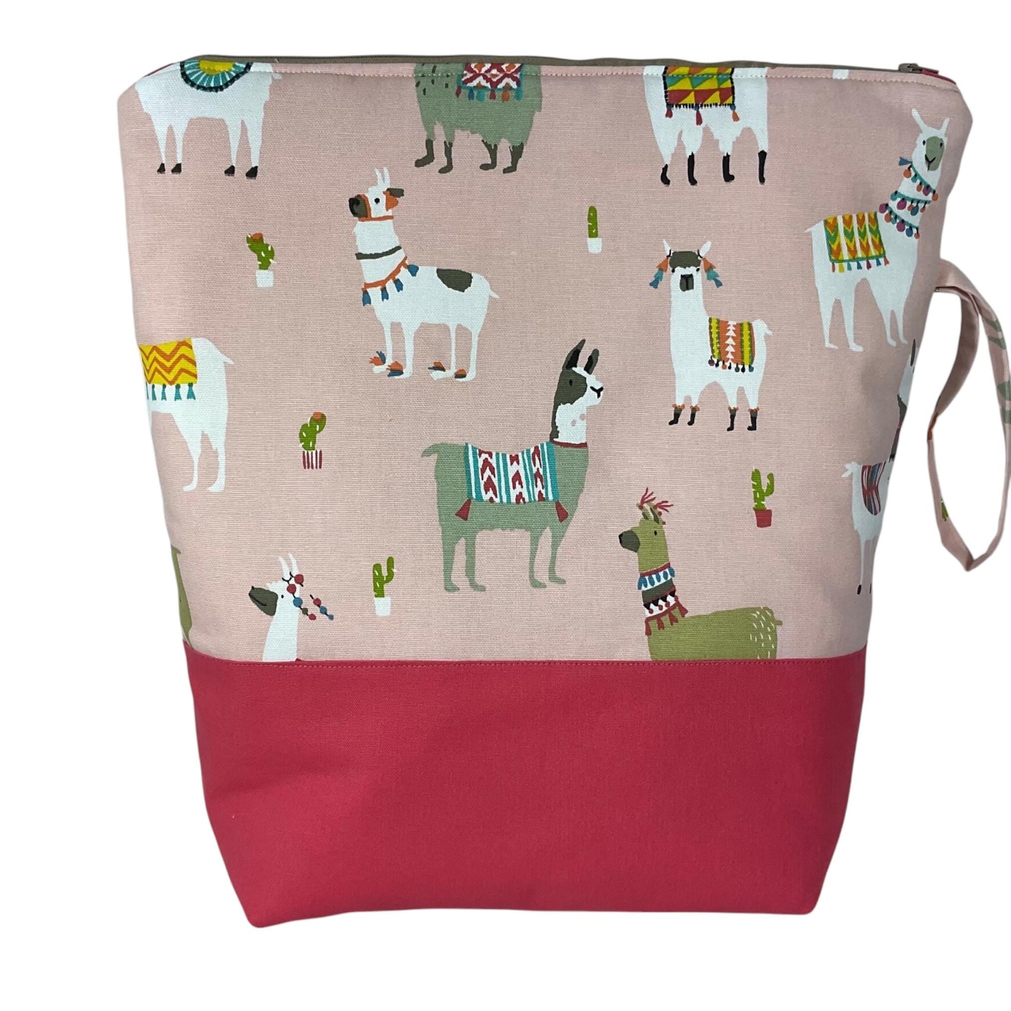 Extra Large knitting zipped pouch bag with llamas, supersized knitters alpaca zipped project and craft tote, alpaca lovers gift