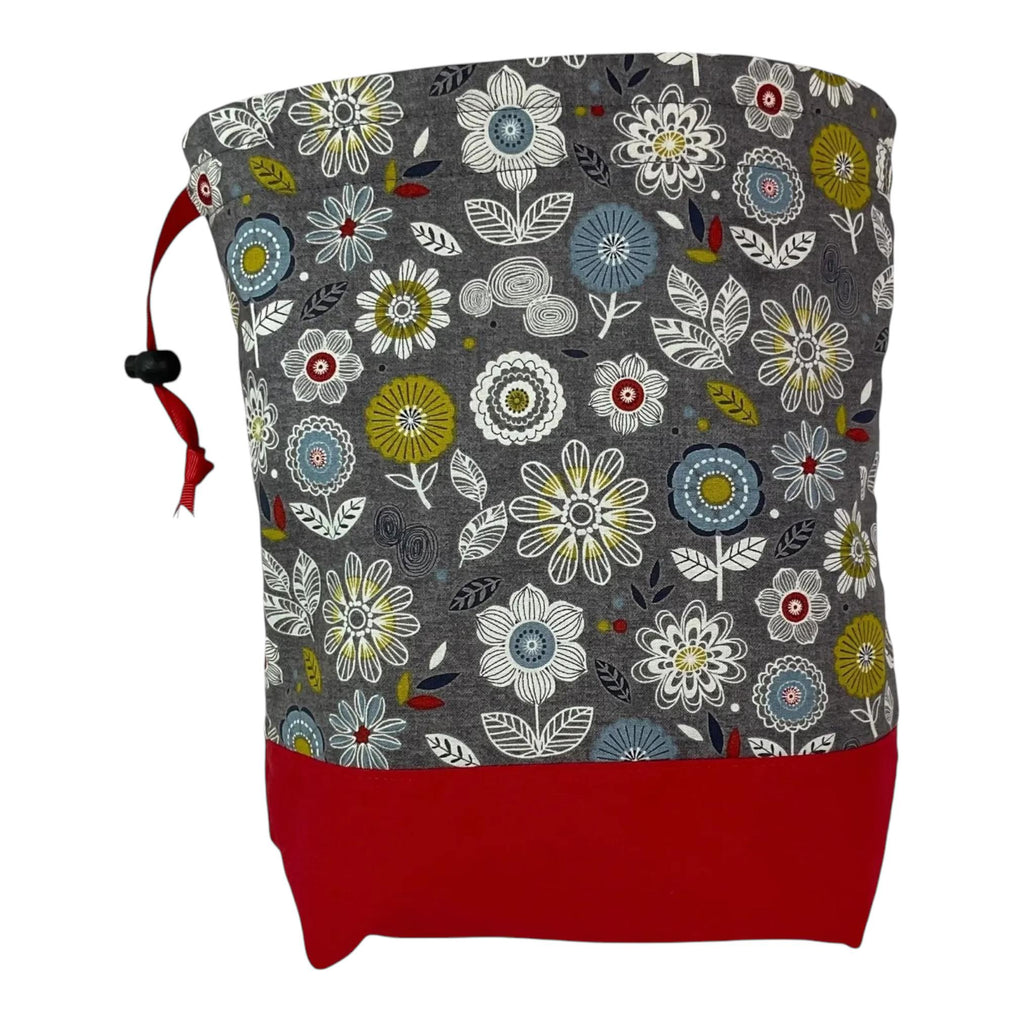 Two at a time knitting bag with floral print, medium sock sack, drawstring divided crochet and crafting work in progress bag, WIP
