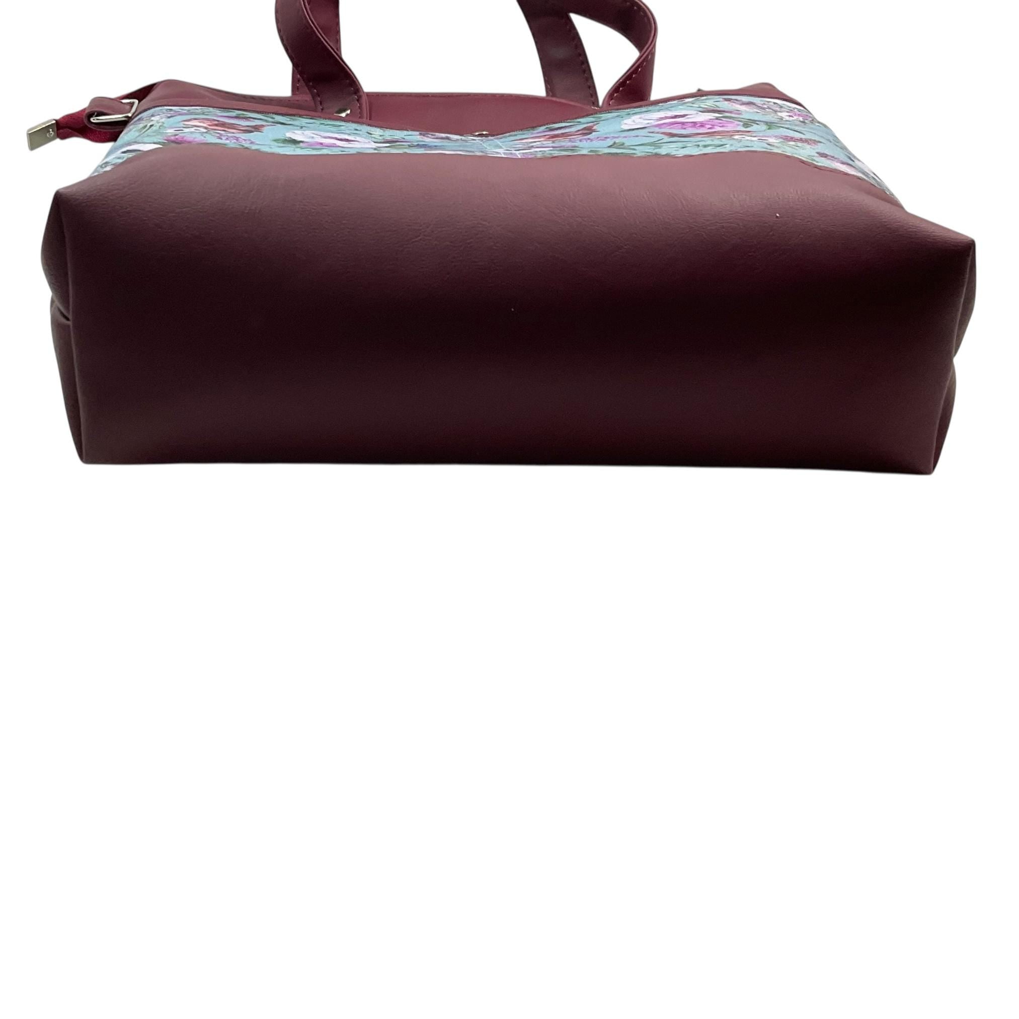 Handbag in faux Leather and bird  print  fabric, medium tote style zip top shoulder crossbody with carry handles