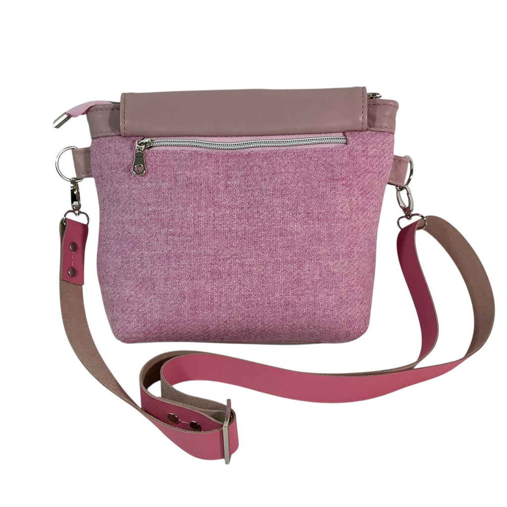 Satchel Handbag in genuine leather and Harris tweed pink pure wool,  medium sized zip top shoulder bag, pink lovers