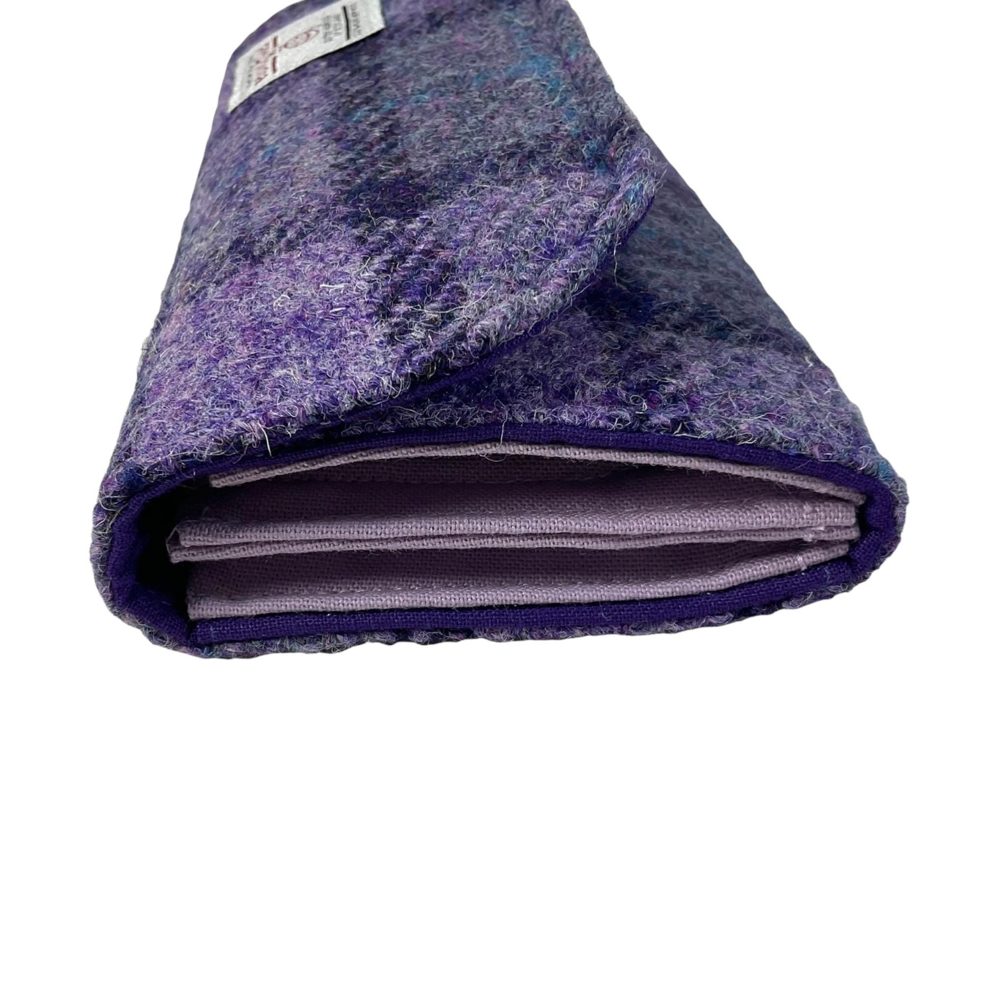 Concertina purse made in Harris tweed purple check wool fabric, coin and card wallet,  purple ladies gift