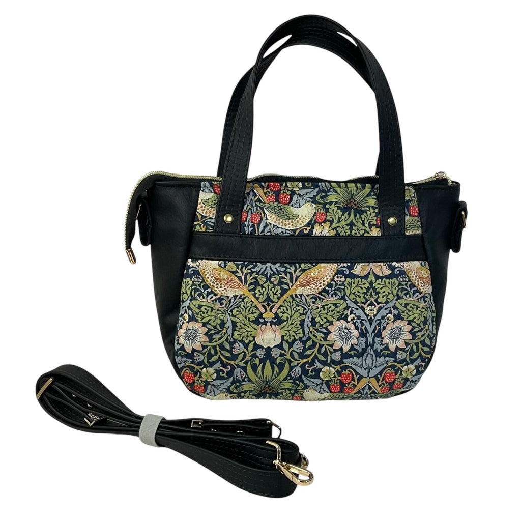Crossbody Handbag in genuine Leather and strawberry thief print, William Morris print shoulder bag, zip pocket adjustable strap organiser
