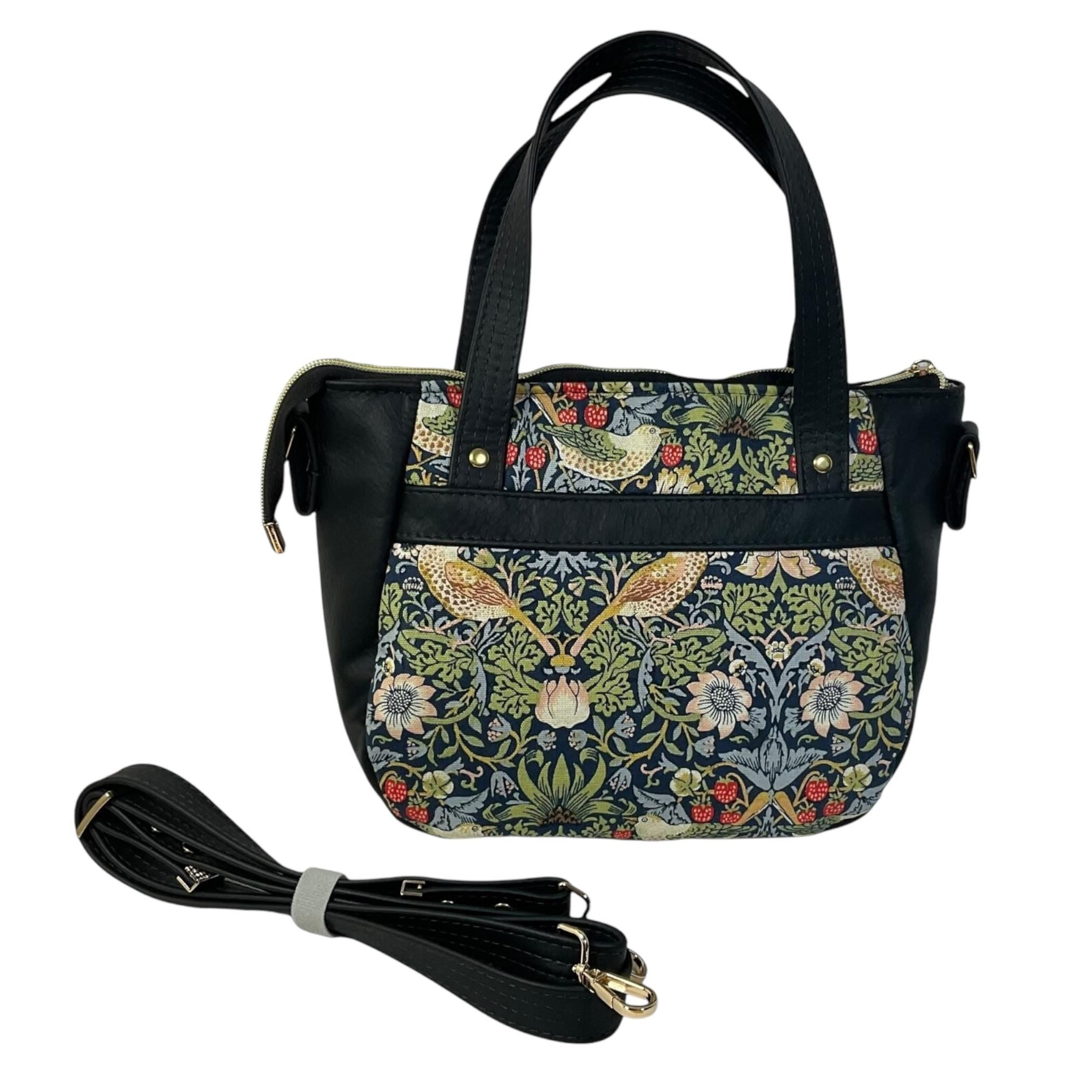Crossbody Handbag in genuine Leather and strawberry thief print, William Morris print shoulder bag, zip pocket adjustable strap organiser