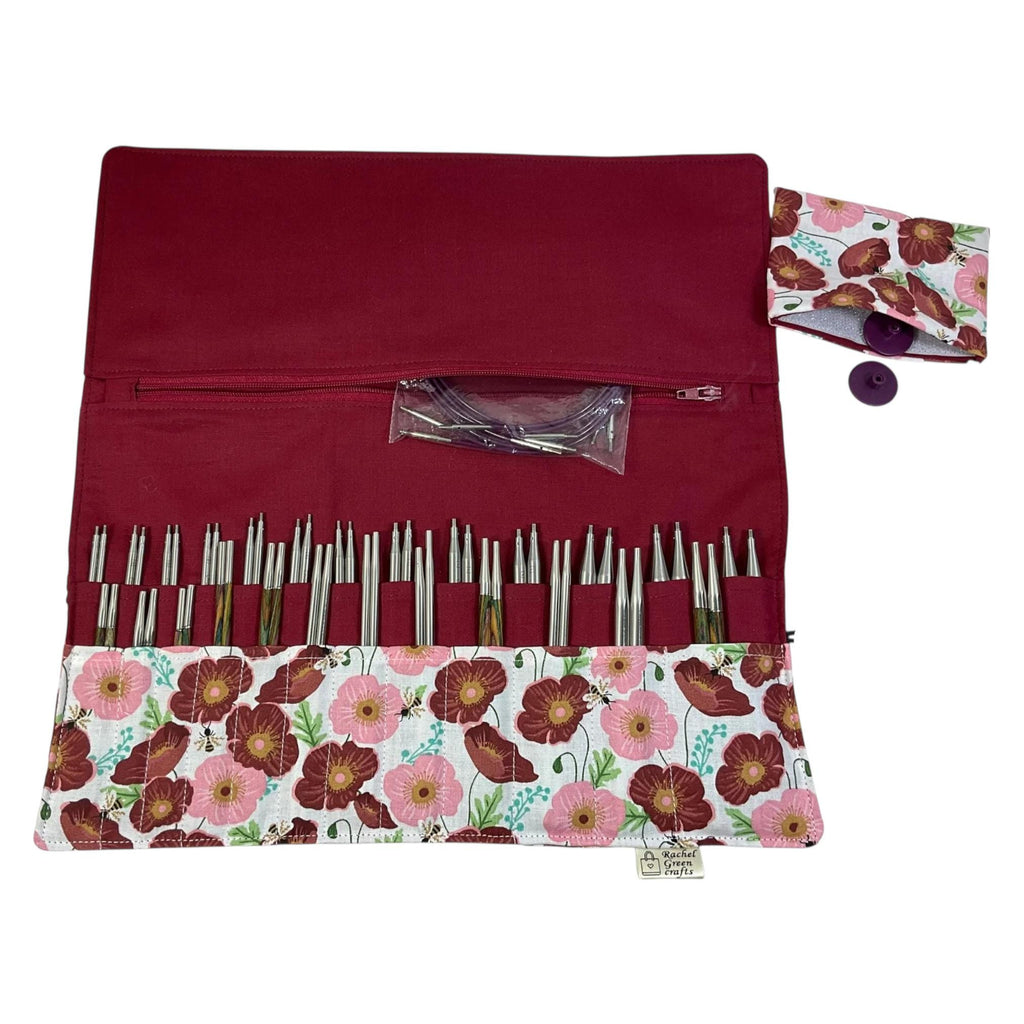 Interchangeable knitting needle case with bees and flowers , floral addi case, chiagoo wallet, knit pro organiser pouch, hiya hiya case,