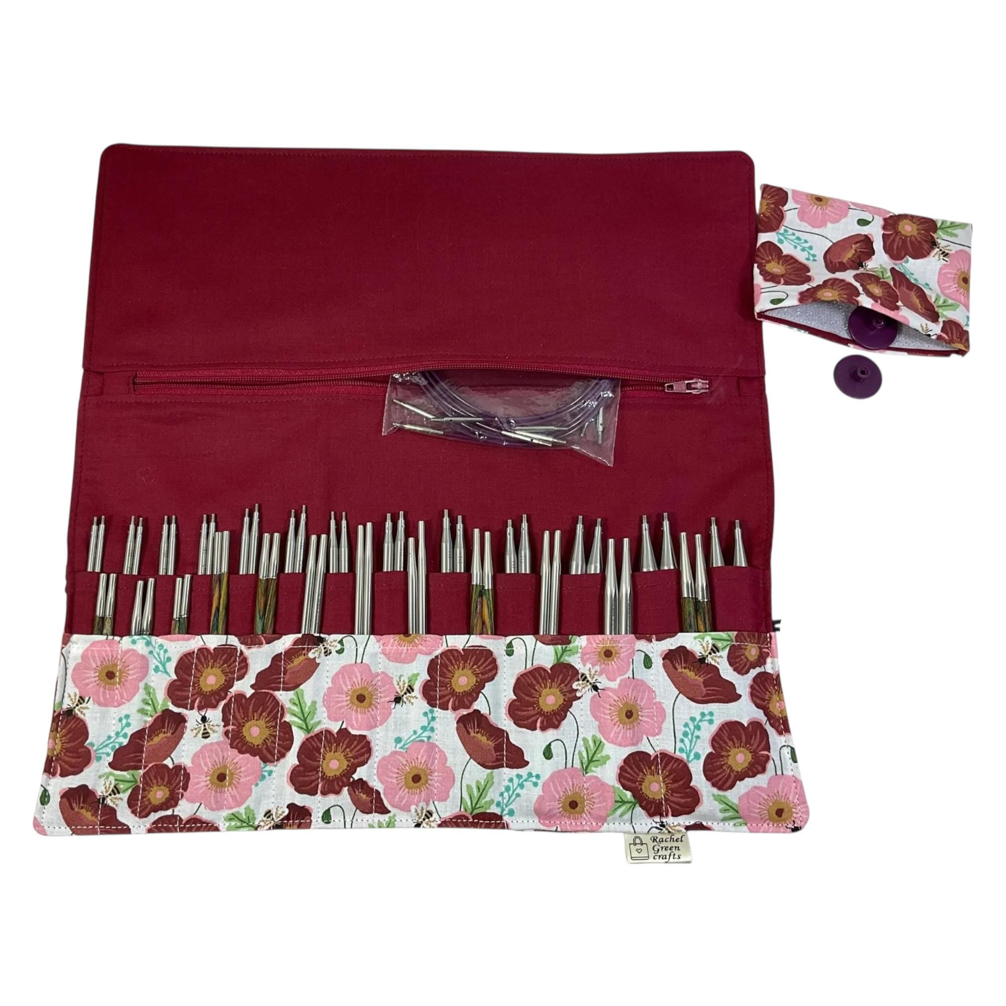 Interchangeable knitting needle case with bees and flowers , floral addi case, chiagoo wallet, knit pro organiser pouch, hiya hiya case,