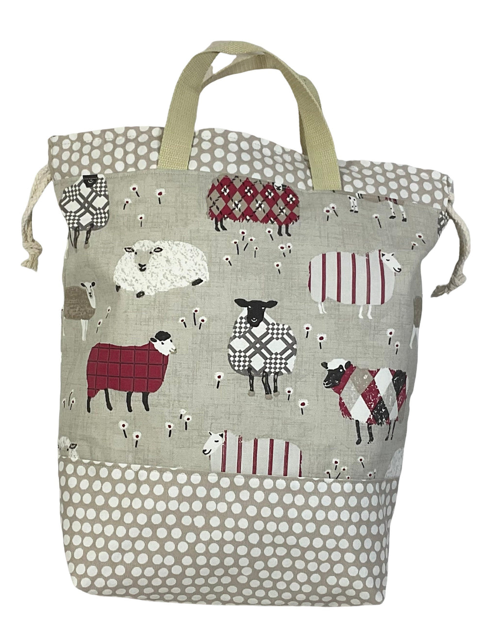 two at a time knitting bag with sheep, extra large sock sack, drawstring divided shoe bag, crochet craft bag, work in progress bag , WIP bag