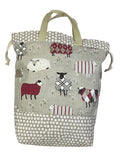 two at a time knitting bag with sheep, extra large sock sack, drawstring divided shoe bag, crochet craft bag, work in progress bag , WIP bag
