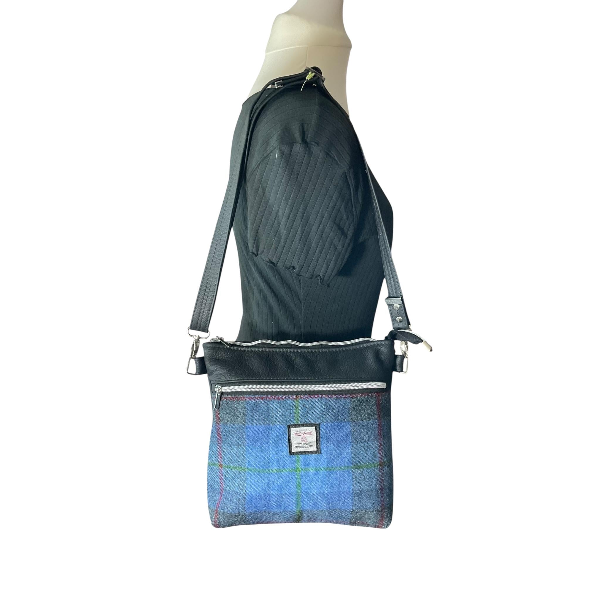 Handbag in genuine leather and Harris tweed tartan print pure wool,  blue and red  check medium sized zip top shoulder bag
