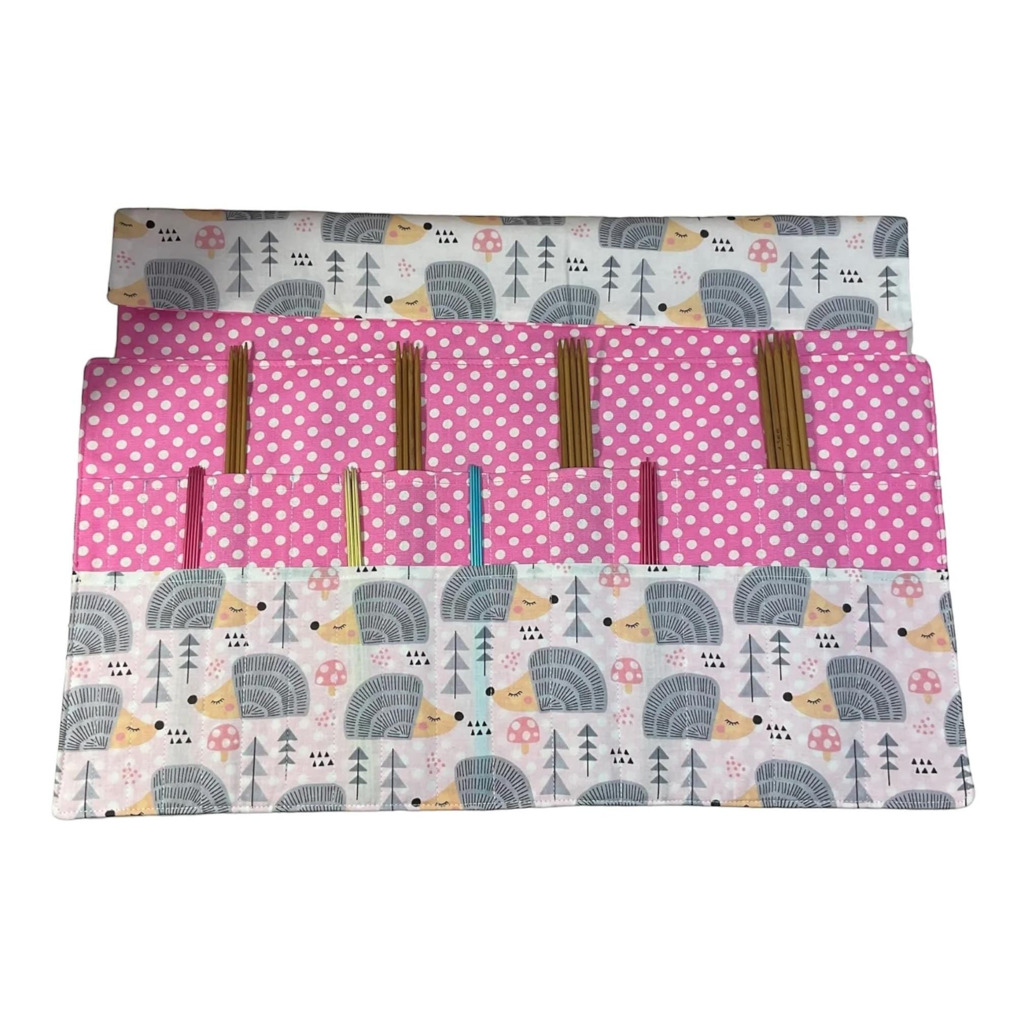 Double pointed knitting needle case with hedgehogs,  DPN or crochet hook case, sock knitters gift,