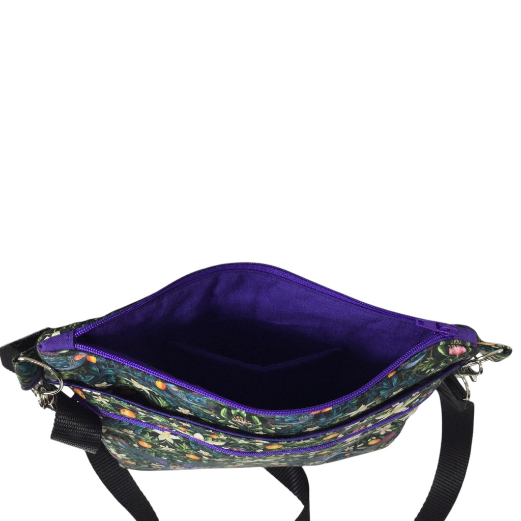 Liberty fabric slim shoulder bag with multi pockets, messenger style paisley  floral phone purse