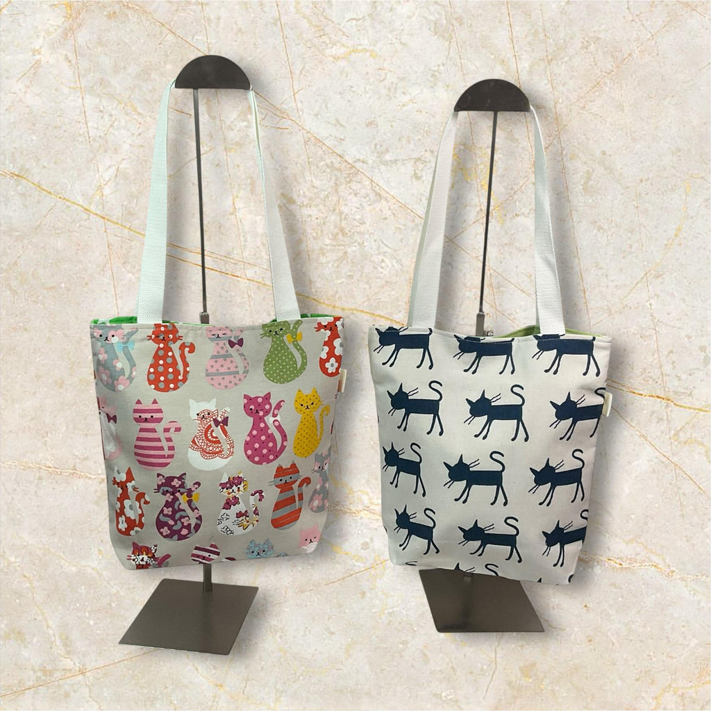 Cats Cotton Canvas Tote Bag, Colourful Book Purse, Lined