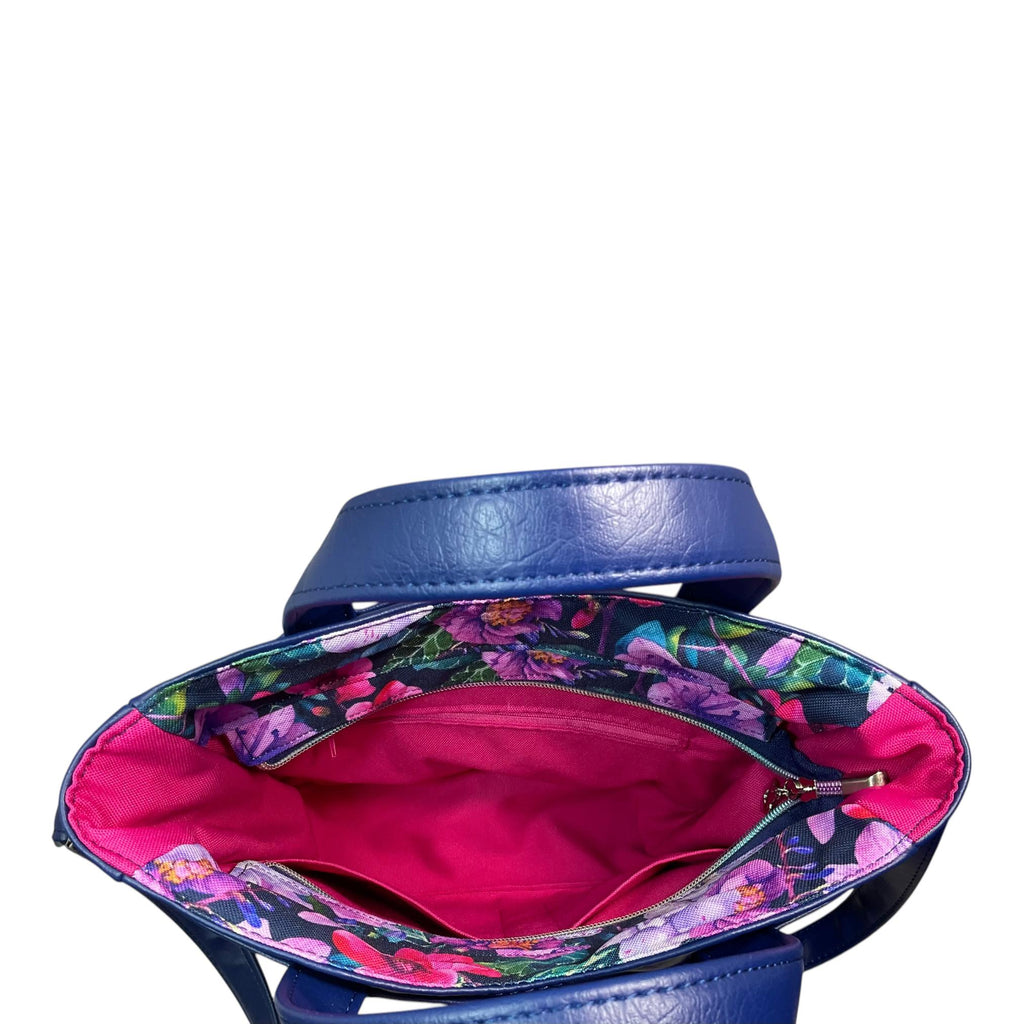 Handbag in faux leather and purple  floral print, vegan ladies gift, handles and crossbody strap bag, rectangular shoulder zip tote