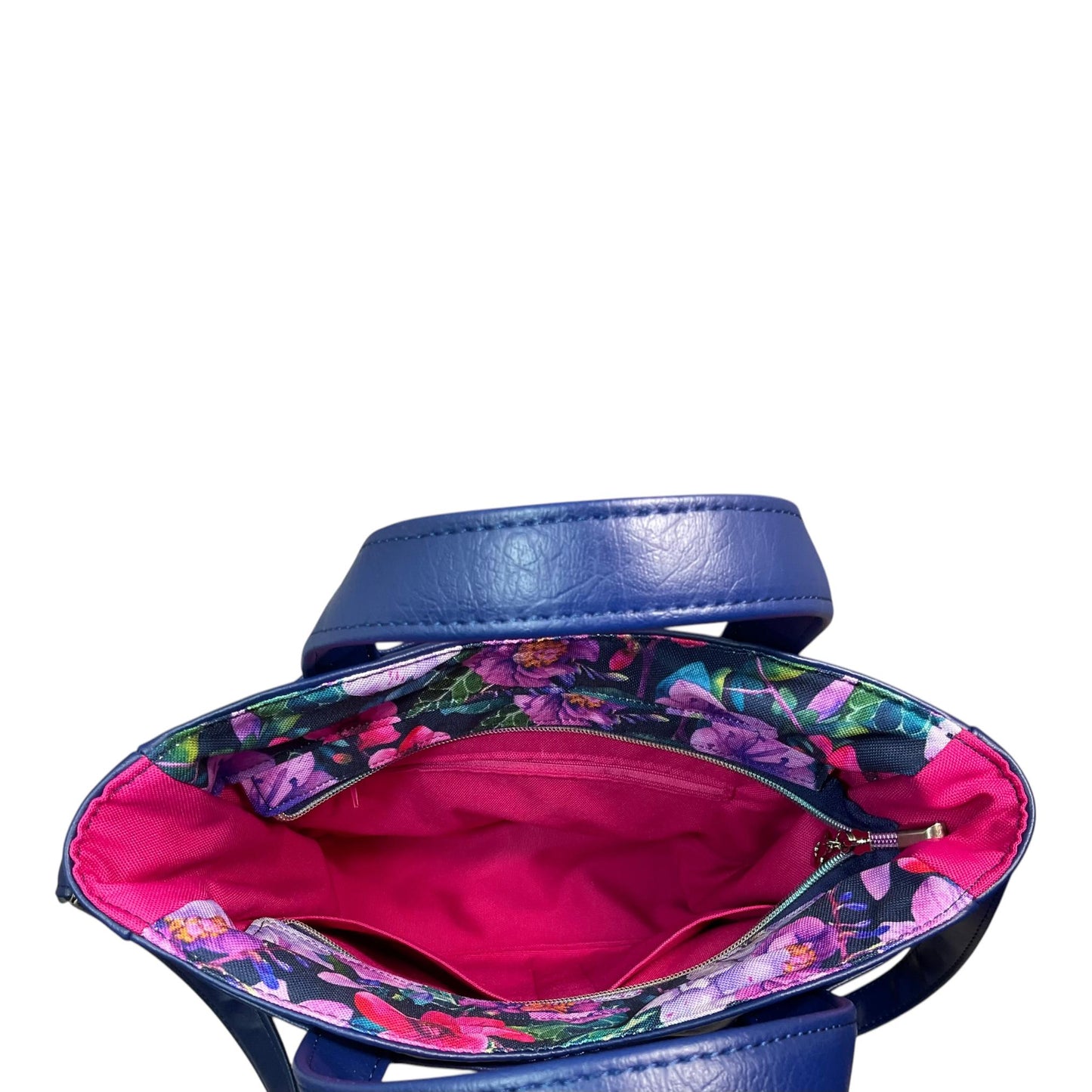 Handbag in faux leather and purple floral print