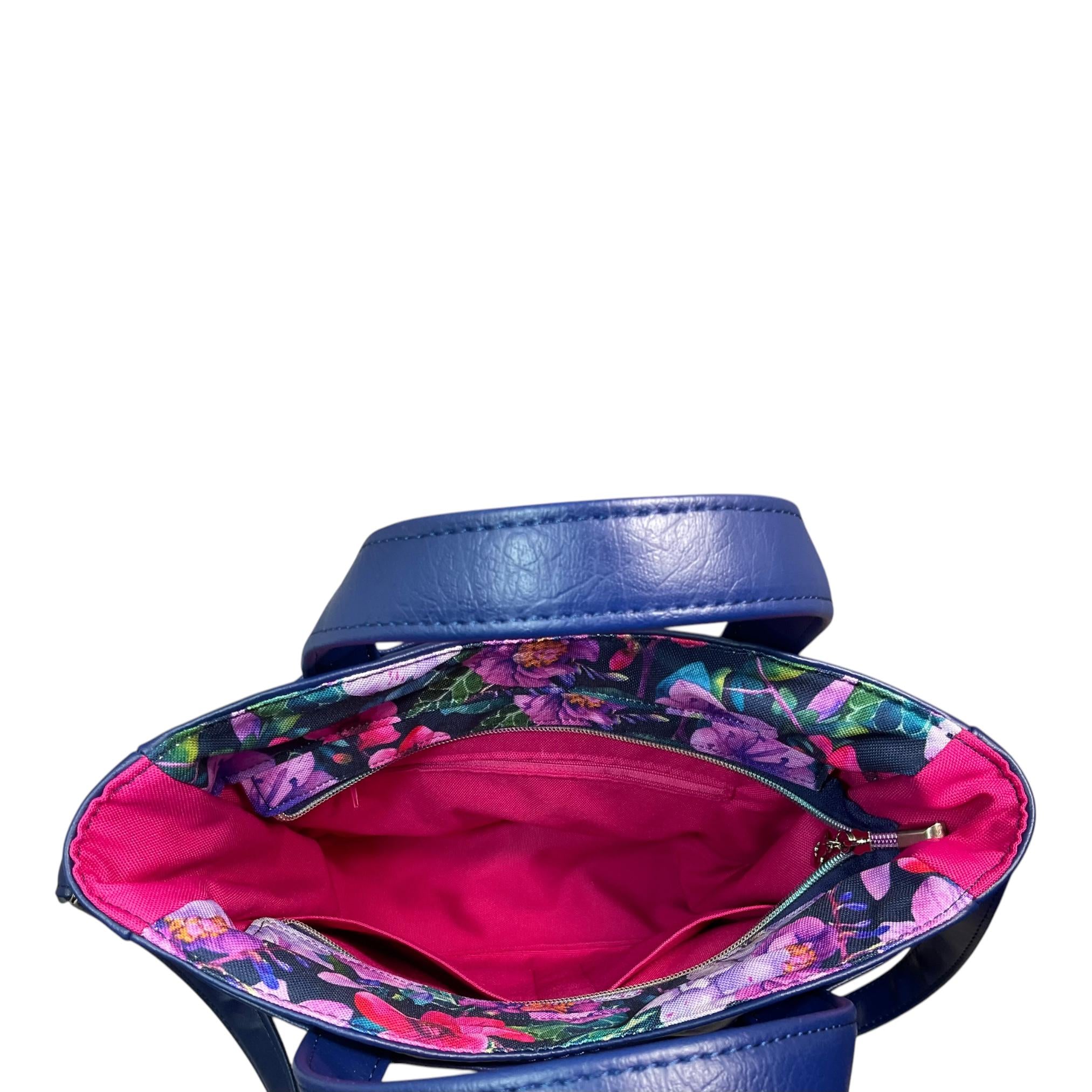Handbag in faux leather and purple  floral print, vegan ladies gift, handles and crossbody strap bag, rectangular shoulder zip tote
