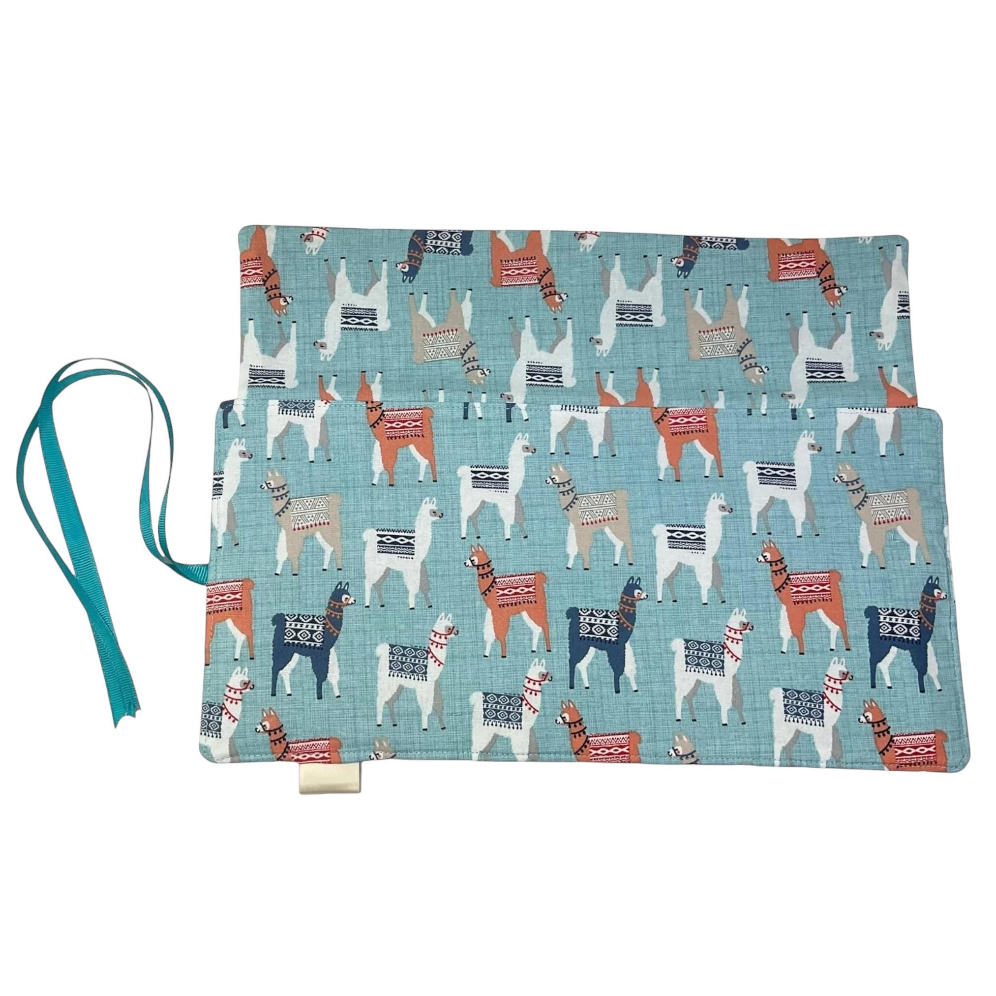 Crochet hook case with llamas, Ergonomic hook organiser, roll up short Dpn case, knitters gift, Crochet gift, crochet storage