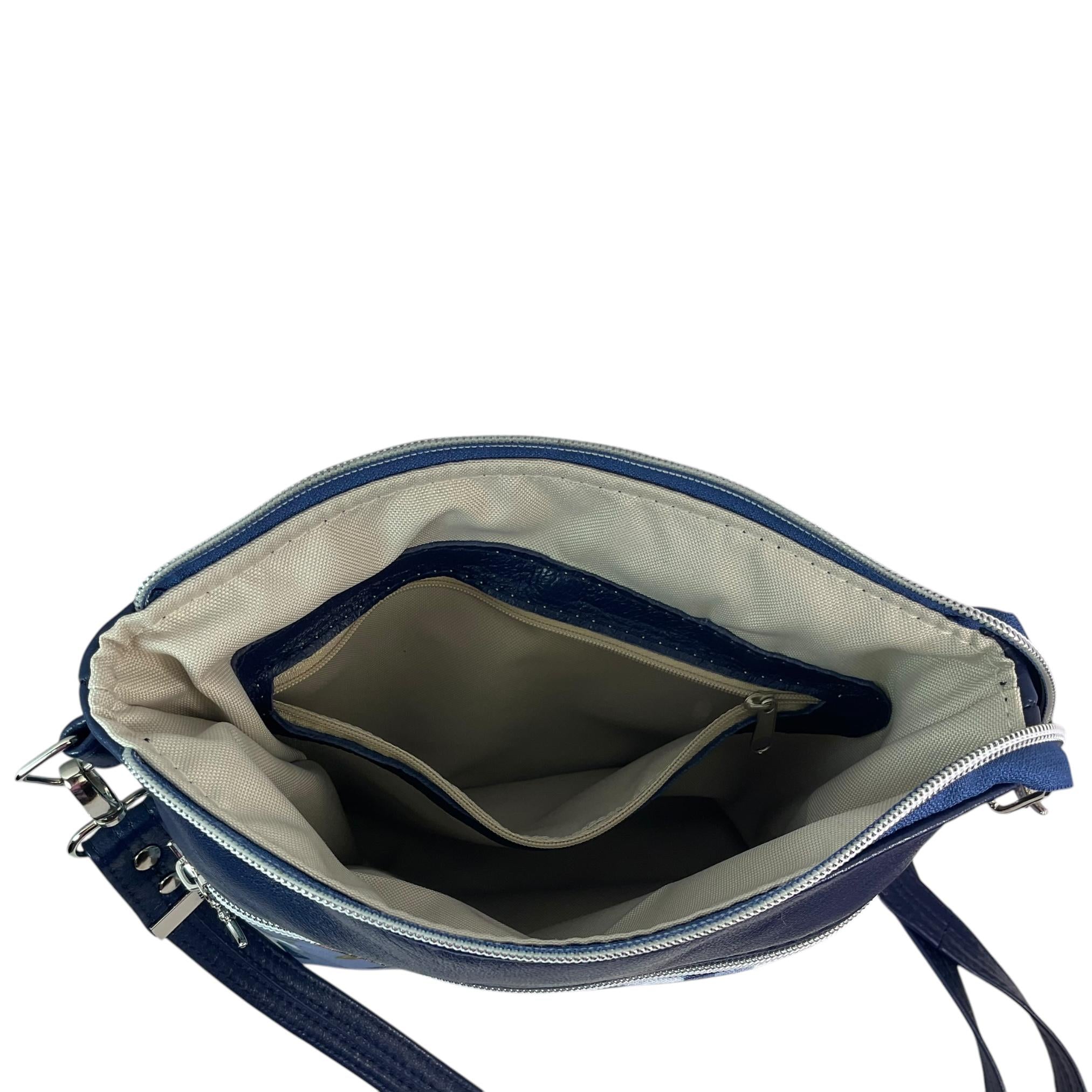 Royal Blue Lambs Leather Handbag: Highland Cow Floral Canvas Crossbody