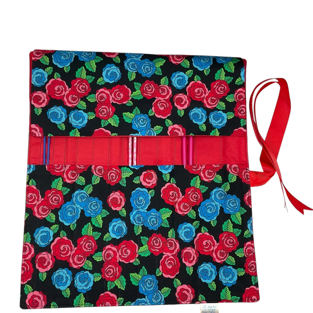 Red rose print Straight knitting needle case, floral  needle roll, ribbon tie storage, knitting accessories, knitters gift,needle organiser